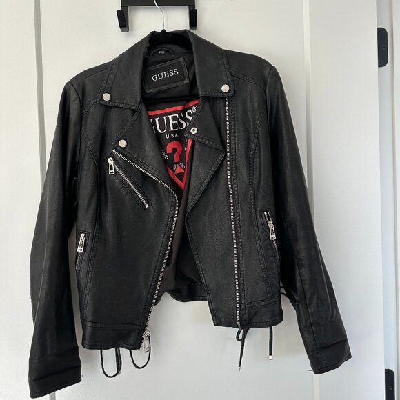 GUESS Faux Leather Lace-Up Jacket, Black Size: Small - Picture 2 of 7